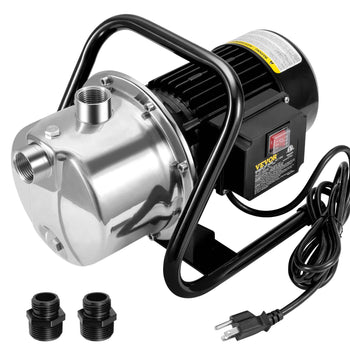 Stainless steel electric pump with a black metal frame, includes fittings; ideal for water transfer and irrigation.