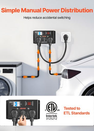 Manual EV Charging Switch, NEMA 10-30, Splitter Switch for Dryer & EV, 24A Max 240V Manual Power Distribution with Circuit Breaker, Real-Time Display, Hand-Operated Selector, Plug and Play, ETL