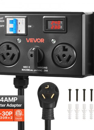Manual EV Charging Switch, NEMA 10-30, Splitter Switch for Dryer & EV, 24A Max 240V Manual Power Distribution with Circuit Breaker, Real-Time Display, Hand-Operated Selector, Plug and Play, ETL
