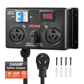Manual EV Charging Switch, NEMA 10-30, Splitter Switch for Dryer & EV, 24A Max 240V Manual Power Distribution with Circuit Breaker, Real-Time Display, Hand-Operated Selector, Plug and Play, ETL