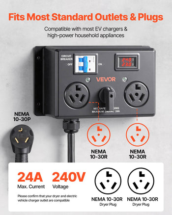 Manual EV Charging Switch, NEMA 10-30, Splitter Switch for Dryer & EV, 24A Max 240V Manual Power Distribution with Circuit Breaker, Real-Time Display, Hand-Operated Selector, Plug and Play, ETL