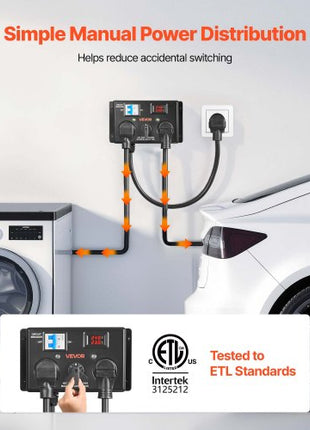 Manual EV Charging Switch, NEMA 14-30P to 14-30R & 14-50R, Splitter Switch for Dryer & EV, 24A Max 240V Manual Power Distribution with Circuit Breaker, Hand-Operated Selector, Plug and Play, ETL