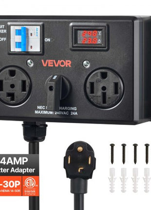 Manual EV Charging Switch, NEMA 14-30P to 14-30R & 14-50R, Splitter Switch for Dryer & EV, 24A Max 240V Manual Power Distribution with Circuit Breaker, Hand-Operated Selector, Plug and Play, ETL