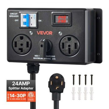 Manual EV Charging Switch, NEMA 14-30P to 14-30R & 14-50R, Splitter Switch for Dryer & EV, 24A Max 240V Manual Power Distribution with Circuit Breaker, Hand-Operated Selector, Plug and Play, ETL