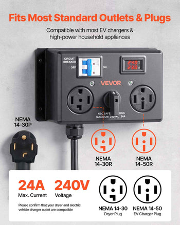 Manual EV Charging Switch, NEMA 14-30P to 14-30R & 14-50R, Splitter Switch for Dryer & EV, 24A Max 240V Manual Power Distribution with Circuit Breaker, Hand-Operated Selector, Plug and Play, ETL