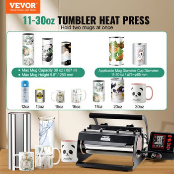 Tumbler Heat Press Machine, 11-30oz Mug Press, Heat Up Fast and Even, Tumbler Press with Sublimation Paper, Tape and Gloves, Temp and Time Setting, for Sublimation Tumblers, Cups, Mugs, Black