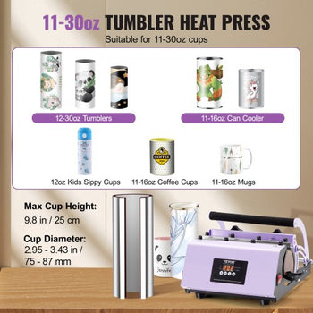 Tumbler Heat Press Machine, 11-30oz Mug Press, Heat Up Fast and Even, Tumbler Press with Sublimation Paper, Tape and Gloves, Temp and Time Setting, for Sublimation Tumblers, Cups, Mugs, Purple
