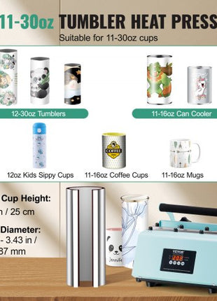 Tumbler Heat Press Machine, 11-30oz Mug Press, Heat Up Fast and Even, Tumbler Press with Sublimation Paper, Tape and Gloves, Temp and Time Setting, for Sublimation Tumblers, Cups, Mugs, Green