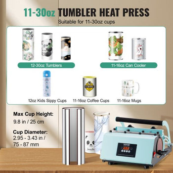 Tumbler Heat Press Machine, 11-30oz Mug Press, Heat Up Fast and Even, Tumbler Press with Sublimation Paper, Tape and Gloves, Temp and Time Setting, for Sublimation Tumblers, Cups, Mugs, Green