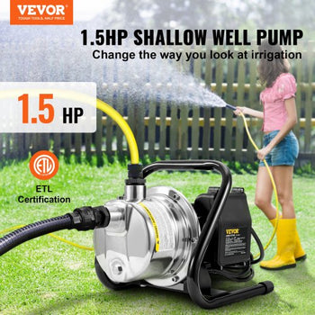 Shallow Well Pump, 1.5 HP 115V, 1200 GPH 164 ft Height, 87 psi Max Pressure, Portable Stainless Steel Sprinkler Booster Jet Pumps for Garden Lawn Irrigation system, Lake Fountain, Water Transfer