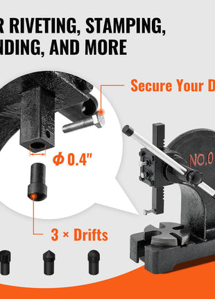 Heavy-duty black metal riveting tool with adjustable pin, includes three metal drifts for stamping and bending.