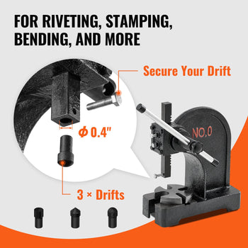 Heavy-duty black metal riveting tool with adjustable pin, includes three metal drifts for stamping and bending.