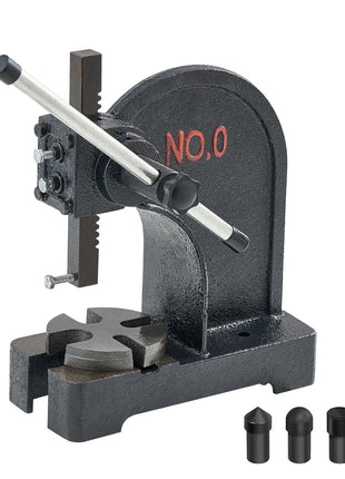 Heavy-duty black cast iron leather hole puncher with metal lever and three interchangeable punch sizes.