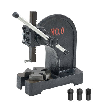 Heavy-duty black cast iron leather hole puncher with metal lever and three interchangeable punch sizes.