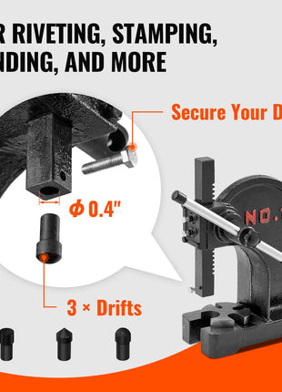 Black steel hand riveter with three black drifts, ideal for stamping, bending, and riveting tasks.