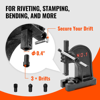 Black steel hand riveter with three black drifts, ideal for stamping, bending, and riveting tasks.