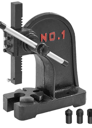 Heavy-duty black metal leather hole puncher with red "NO. 1" lettering and three interchangeable punches.