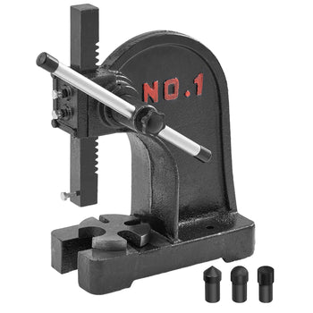 Heavy-duty black metal leather hole puncher with red "NO. 1" lettering and three interchangeable punches.