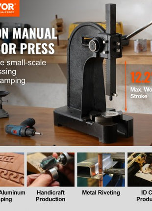 Arbor Press, 3 Ton Manual Arbor Press, 12.2" Maximum Height, Cast Iron Heavy-duty Manual Desktop Arbor Press, Precision Hand Press for Stamping, Bending, Stretching, Forming