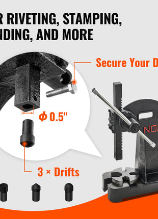 Industrial black metal drift tool with three interchangeable drifts for riveting, stamping, and bending.