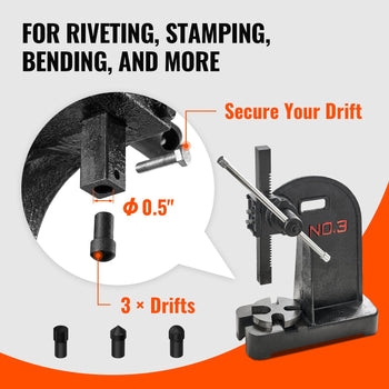 Industrial black metal drift tool with three interchangeable drifts for riveting, stamping, and bending.