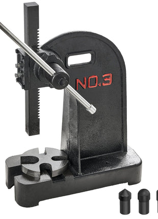 Black metal No. 3 manual hole punch with adjustable lever and three interchangeable punch tips for versatile use.