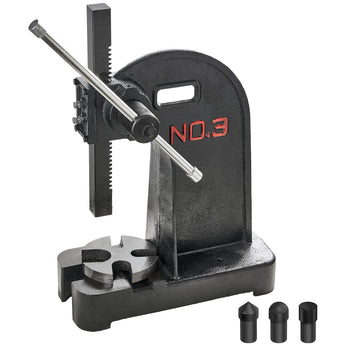 Black metal No. 3 manual hole punch with adjustable lever and three interchangeable punch tips for versatile use.