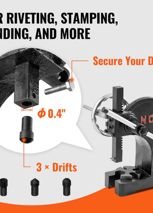 Black metal rivet gun with three interchangeable drifts for riveting, stamping, and bending, designed for durability.
