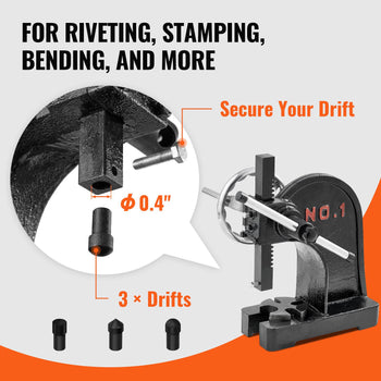 Black metal rivet gun with three interchangeable drifts for riveting, stamping, and bending, designed for durability.