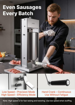 Manual Sausage Stuffer, 33 LBS / 15 L Vertical Meat Stuffer, Heavy Duty Sausage Casing Meat Stuffing Machine, Dual-Speed Stainless Steel Filler with 5 Filling Tubes, for Commercial and Home Use