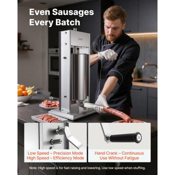 Manual Sausage Stuffer, 33 LBS / 15 L Vertical Meat Stuffer, Heavy Duty Sausage Casing Meat Stuffing Machine, Dual-Speed Stainless Steel Filler with 5 Filling Tubes, for Commercial and Home Use
