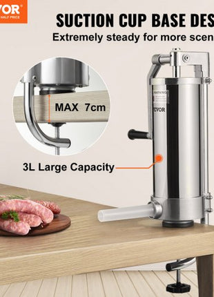 Sausage Stuffer, 5LBS/3L Capacity, 304 Stainless Steel Vertical Sausage Stuffer, Sausage Filling Machine with 3 Stuffing Tubes, Suction Base and Manual Crank for Household or Commercial Use