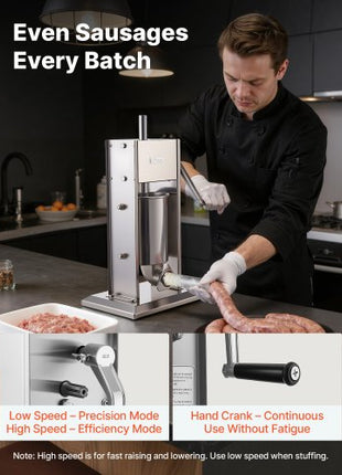 Manual Sausage Stuffer, 7 LBS / 3 L Vertical Meat Stuffer, Heavy Duty Sausage Casing Meat Stuffing Machine, Dual-Speed Stainless Steel Filler with 5 Filling Tubes, for Commercial and Home Use