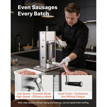 Manual Sausage Stuffer, 7 LBS / 3 L Vertical Meat Stuffer, Heavy Duty Sausage Casing Meat Stuffing Machine, Dual-Speed Stainless Steel Filler with 5 Filling Tubes, for Commercial and Home Use