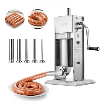 Manual Sausage Stuffer, 7 LBS / 3 L Vertical Meat Stuffer, Heavy Duty Sausage Casing Meat Stuffing Machine, Dual-Speed Stainless Steel Filler with 5 Filling Tubes, for Commercial and Home Use
