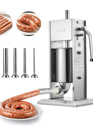 Manual Sausage Stuffer, 7 LBS / 3 L Vertical Meat Stuffer, Heavy Duty Sausage Casing Meat Stuffing Machine, Dual-Speed Stainless Steel Filler with 5 Filling Tubes, for Commercial and Home Use