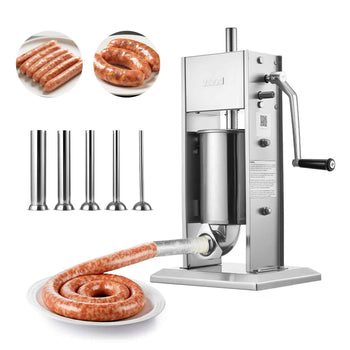 Manual Sausage Stuffer, 7 LBS / 3 L Vertical Meat Stuffer, Heavy Duty Sausage Casing Meat Stuffing Machine, Dual-Speed Stainless Steel Filler with 5 Filling Tubes, for Commercial and Home Use