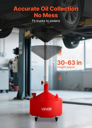 8 Gallon Waste Oil Drain Tank, Industrial Fluid Drain Tank with Adjustable Funnel Height, Portable Oil Drainer with Wheels, Fluid Fuel Transfer Drainage for Auto Repair Shops, Garages, Red