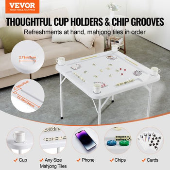 Mahjong Table, Square 4 Player Folding Card Table with 4 Cup Holders & 4 Chip Trays, Portable Domino Game Table with 1 Set of Dominoes for Mahjong Poker Puzzles, 35.4 x 35.4-inch, White