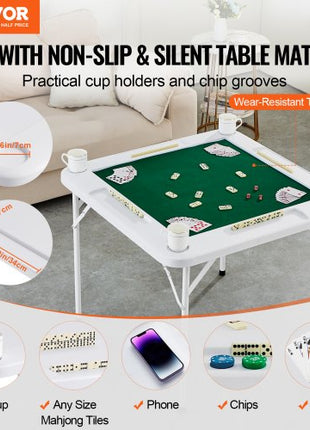 Mahjong Table, 4 Player Folding Domino Table with Wear-Resistant Green Tabletop, Portable Square Card Table with 4 Cup Holders & 4 Chip Trays for Mahjong Poker Puzzles, 35.4 x 35.4-inch