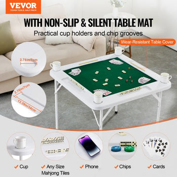 Mahjong Table, 4 Player Folding Domino Table with Wear-Resistant Green Tabletop, Portable Square Card Table with 4 Cup Holders & 4 Chip Trays for Mahjong Poker Puzzles, 35.4 x 35.4-inch