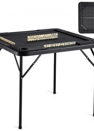 Mahjong Table, Square 4 Player Folding Card Table with 4 Cup Holders & 4 Chip Trays, Portable Domino Game Table with 1 Set of Dominoes for Mahjong Poke Puzzles, 35.4 x 35.4-inch, Black