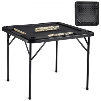Mahjong Table, Square 4 Player Folding Card Table with 4 Cup Holders & 4 Chip Trays, Portable Domino Game Table with 1 Set of Dominoes for Mahjong Poke Puzzles, 35.4 x 35.4-inch, Black