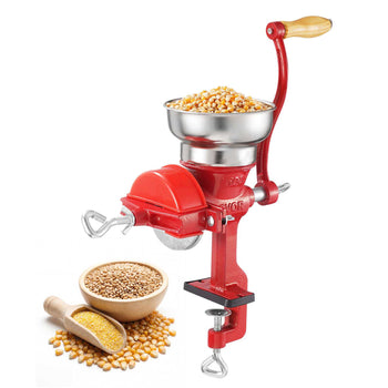 Manual Grain Mill with Low Hopper, Hand-Crank Corn Grinder, Heavy Duty Cast Iron Wheat Grinding Mill with Stable Table Clamp & Dust Cover for Grains Spices Coffee Beans Nuts
