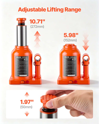 Hydraulic Bottle Jack 12 Ton (26455.5 lbs) 5.98"-10.71" Lifting Range, for Heavy-Duty Pickup, Medium-Duty Truck, RV, Auto Repair and House Lift, Welded Jack with 3-Section Long Handle, Orange