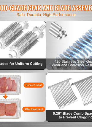 Food-grade 420 stainless steel meat slicer blades, 31 blades for uniform cutting, 0.26" blade spacing to prevent clogging.