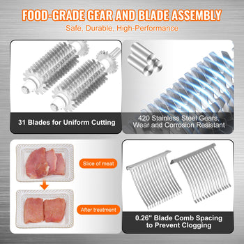 Food-grade 420 stainless steel meat slicer blades, 31 blades for uniform cutting, 0.26" blade spacing to prevent clogging.