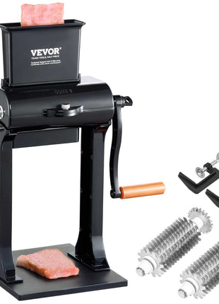 Black VEVOR meat grinder with stainless steel accessories, including dual grinding rollers and spatulas, ideal for home butchery.