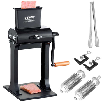 Black VEVOR meat grinder with stainless steel accessories, including dual grinding rollers and spatulas, ideal for home butchery.