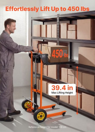 Hydraulic Material Lift Winch Stacker, 450 lbs Load Capacity, Pallet Truck Dolly with Fork Lift Table, 39.4 Inches Max Lifting Height, Foldable & Portable Pallet Jack Table Cart, Orange & Black